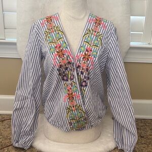 Embroidered V-Neck Striped Women's Top - Blue & White